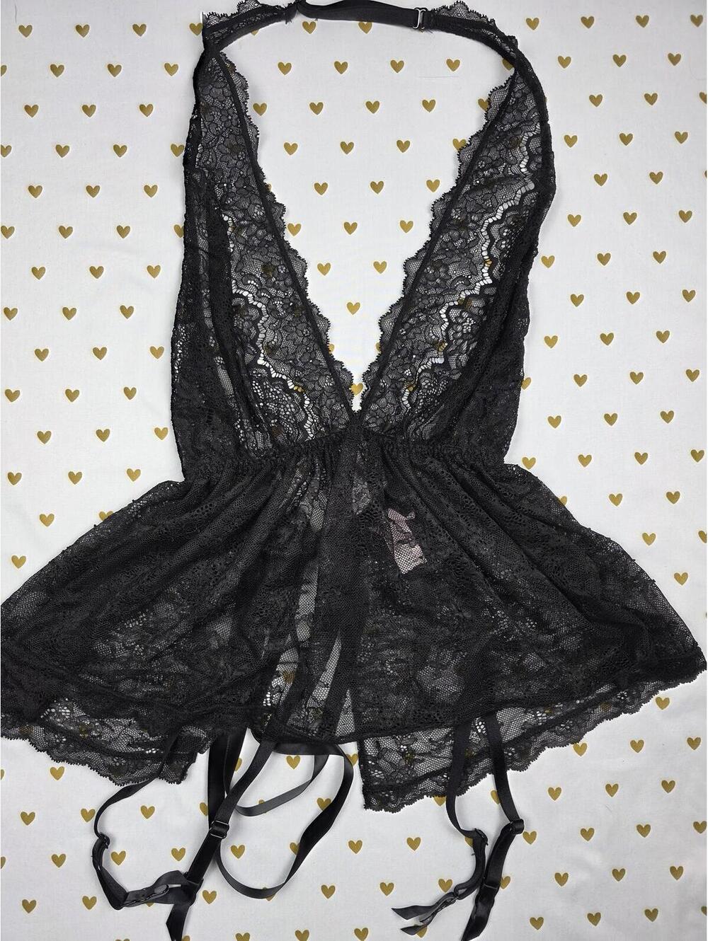 Victorias Secret Sexy Black Lace Halter Nightie Lingerie Garter Skirt SMALL